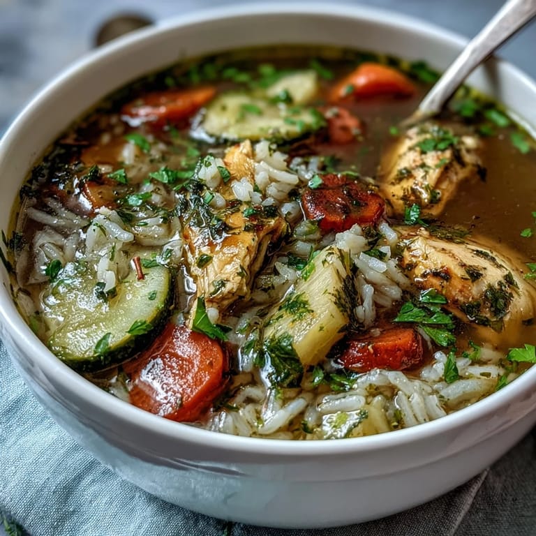 Comforting chicken and rice soup featuring juicy chicken, fresh vegetables, and fluffy rice in a nourishing one-pot meal.