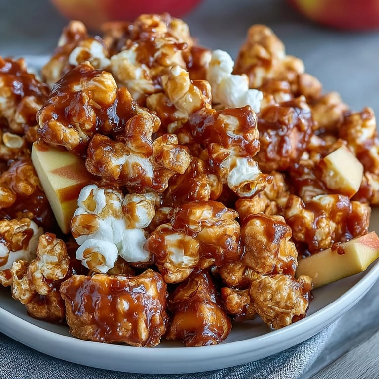 Sweet and crunchy Caramel Candy Apple Popcorn Mix with buttery caramel coating, dried apple slices, and vibrant candy-coated chocolates.