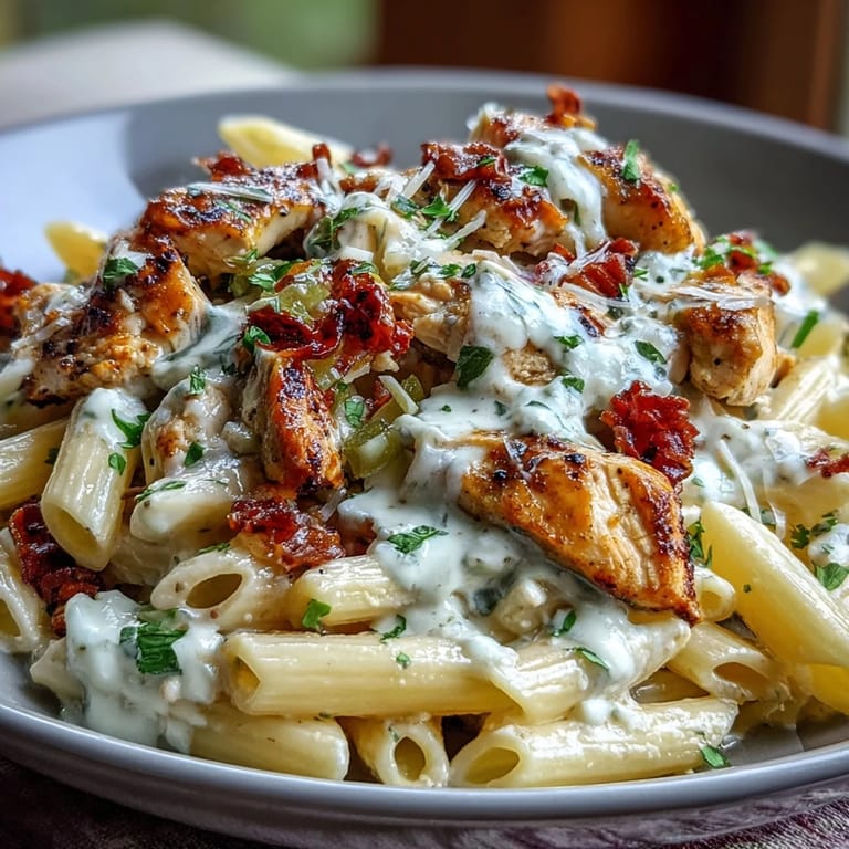 A rich and creamy Mississippi chicken pasta dish, featuring bold ranch and au jus flavors, pepperoncini, and buttery sauce in every bite.