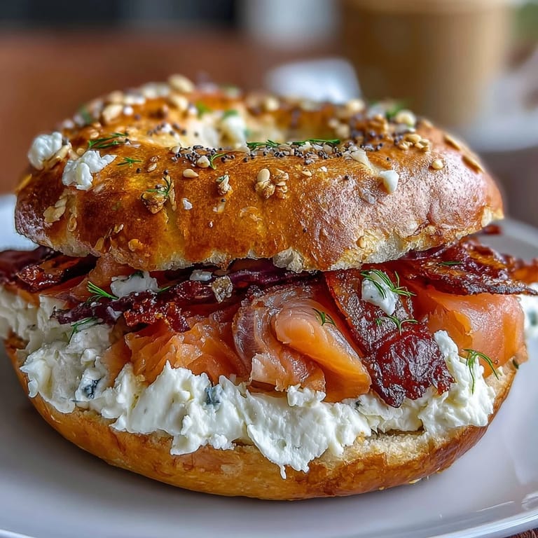 Golden cottage cheese bagels with smoked salmon, cucumber, and capers—a perfect high-protein breakfast.  