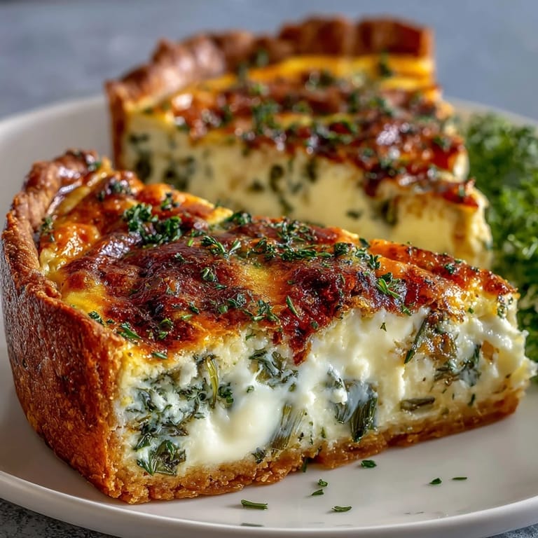 Savory quiche filled with sautéed leeks, creamy Gruyere, and fresh herbs, baked to golden perfection for a spring brunch.