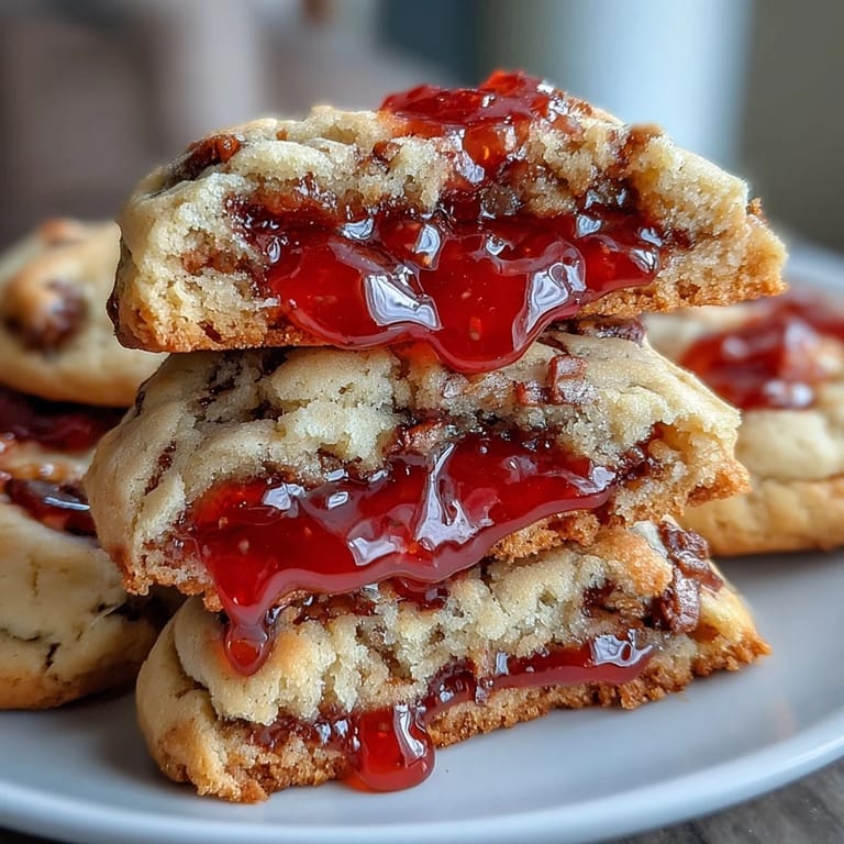 Golden-baked thumbprint cookies filled with bright, glossy homemade strawberry jam, ready to share with friends.