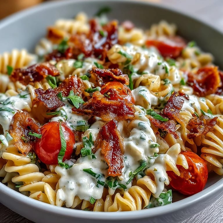 Creamy BLT Pasta Salad with Bacon and Avocado, featuring cherry tomatoes, romaine lettuce, and a zesty lemon-mayo dressing.