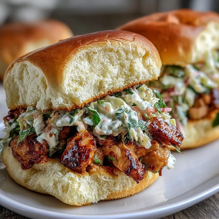2. Shredded BBQ chicken on toasted slider buns, topped with crisp, creamy coleslaw—a festive American BBQ favorite.