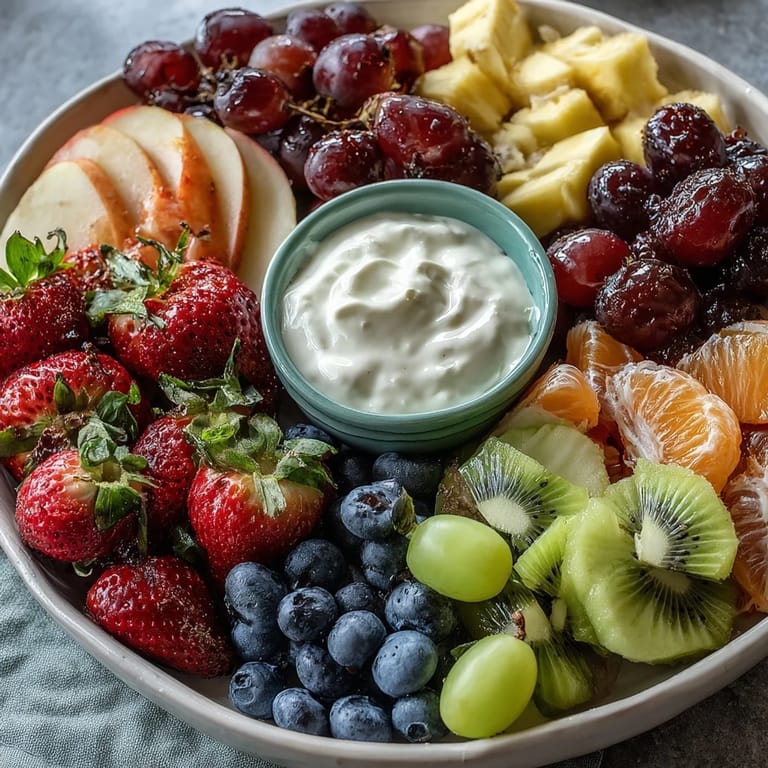 Colorful fruit platter with honey-yogurt dipping sauce, featuring strawberries, kiwi, and mango