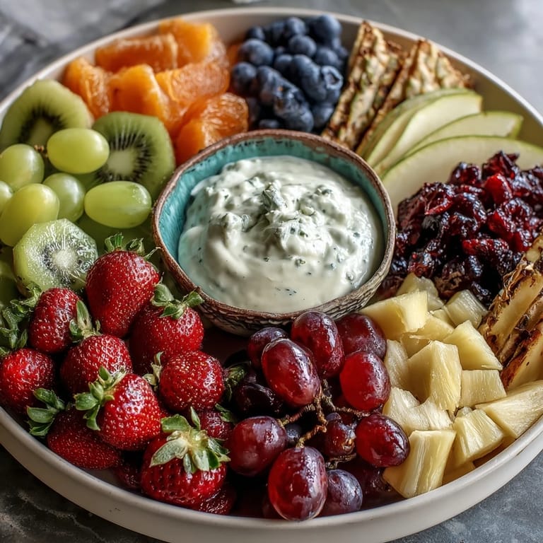 Fresh seasonal fruit arranged beautifully with creamy honey-lemon yogurt sauce for dipping