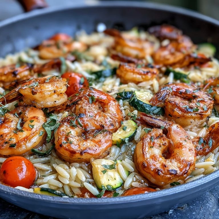 Lemon Butter Shrimp and Orzo in a single pan with vibrant vegetables and fresh herbs for a Mediterranean-inspired meal.
