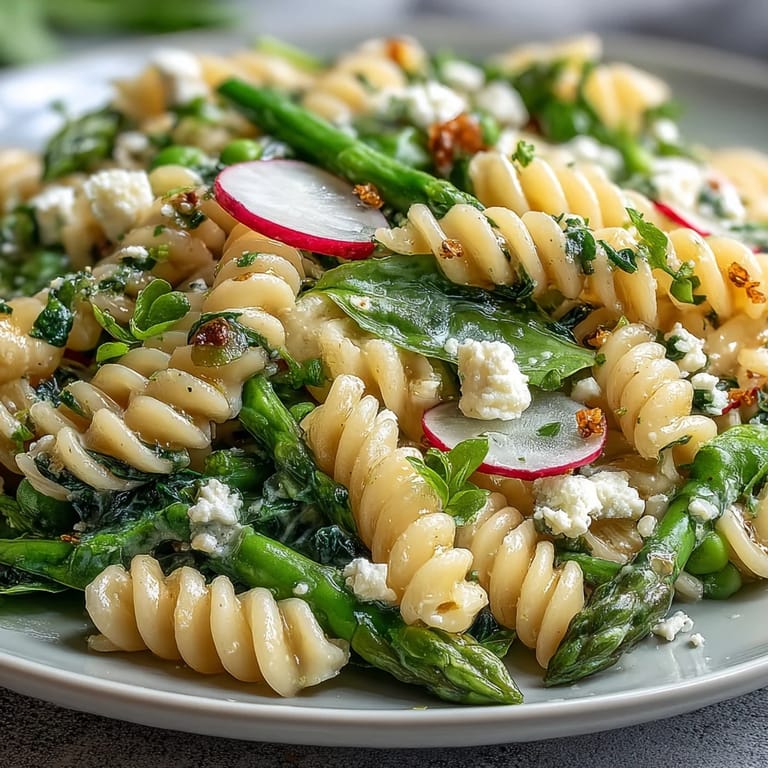 Colorful spring pasta salad with lemon vinaigrette and radishes, featuring tender asparagus, snap peas, and baby spinach for a refreshing meal.