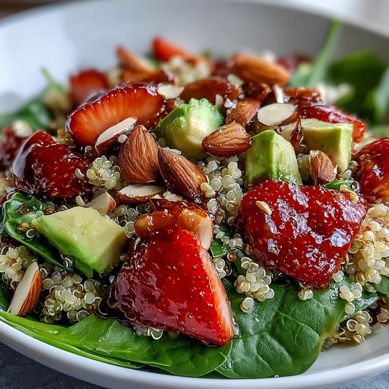 Colorful strawberry avocado quinoa salad with mixed greens, red onion, and feta cheese, perfect for a light and nutritious meal.