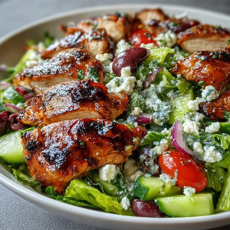 Juicy grilled chicken breast slices over a colorful Greek salad with cherry tomatoes, cucumber, and tangy feta cheese.