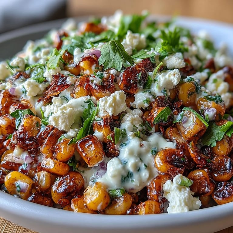 3. Fresh Mexican street corn salad with creamy chili-lime dressing, sweet corn kernels, red onion, and Cotija cheese, perfect for summer gatherings.