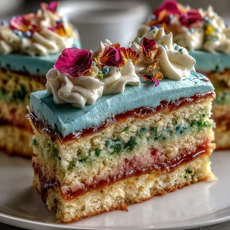 Soft gradient layers in pastel pink, yellow, and blue, crowned with fresh edible flowers on this elegant spring cake.