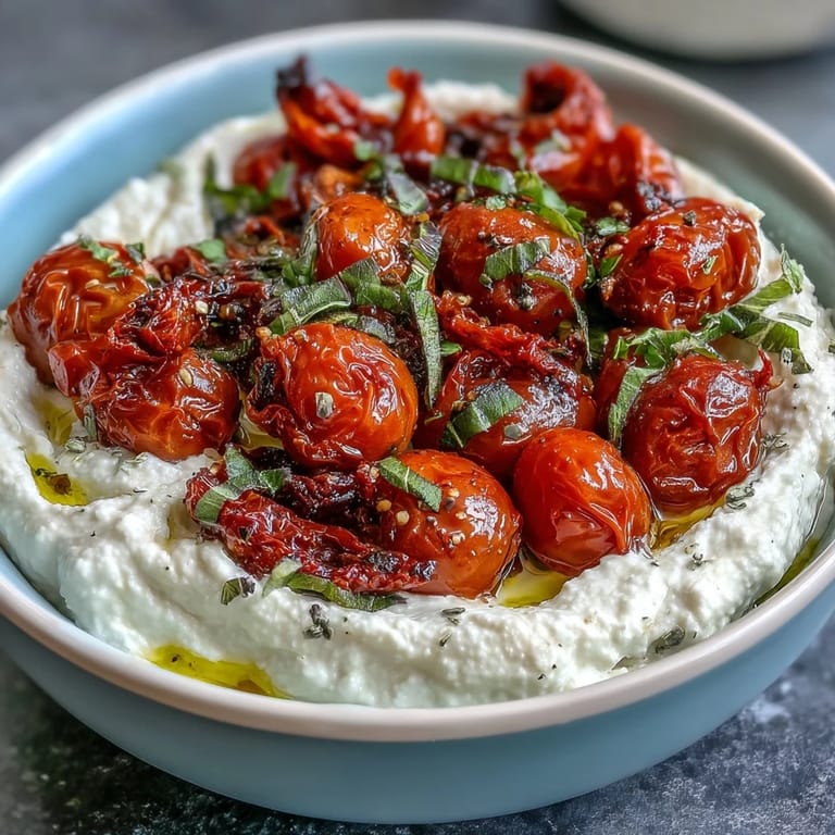 Tangy feta cheese blended smooth, topped with blistered cherry tomatoes and fresh basil for a Mediterranean appetizer.  