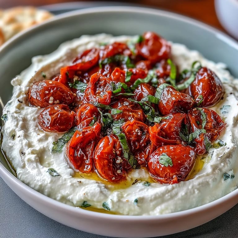 Velvety whipped feta spread served with caramelized cherry tomatoes, ideal for gluten-free or vegetarian party platters.