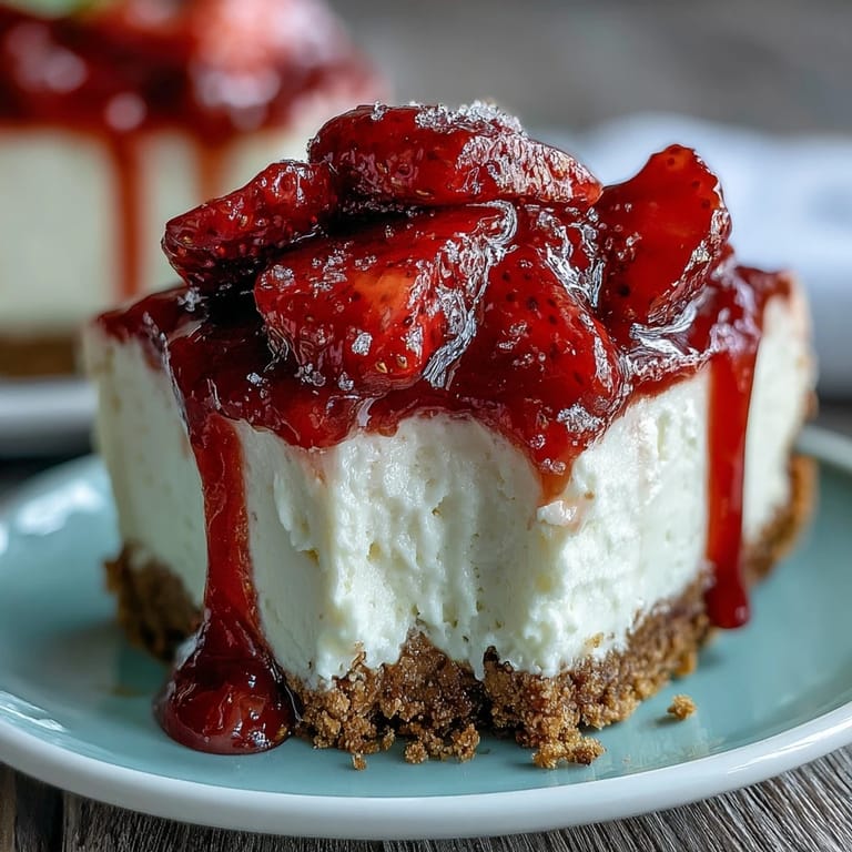 Layers of smooth cheesecake filling and vibrant strawberry sauce create a stunning no-bake dessert that's both rich and refreshing.  