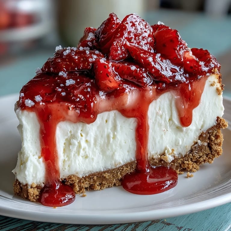 This easy no-bake strawberry cheesecake features a crisp crust, velvety cream cheese filling, and glossy homemade strawberry topping.