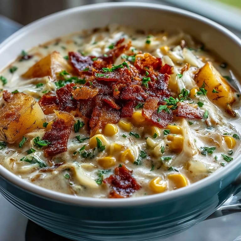 Hearty bowl of cabbage corn chowder topped with crispy bacon and fresh parsley for added flavor.  