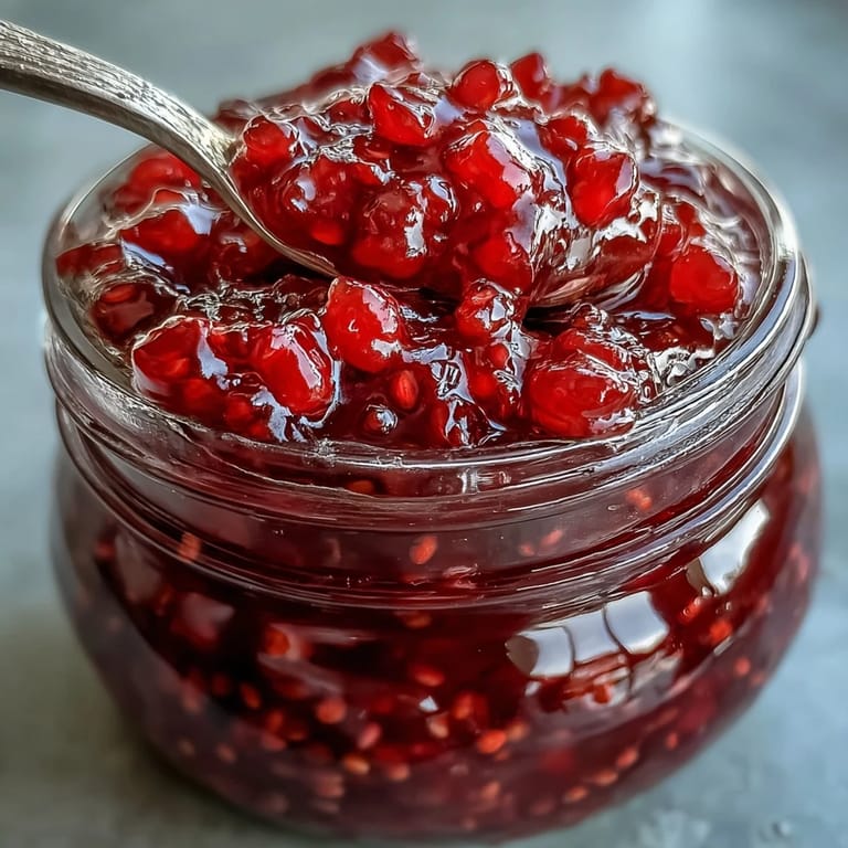 Close-up of homemade raspberry lemon chia jam with bright red fruit, lemon slices, and glistening chia seeds in a rustic serving bowl.