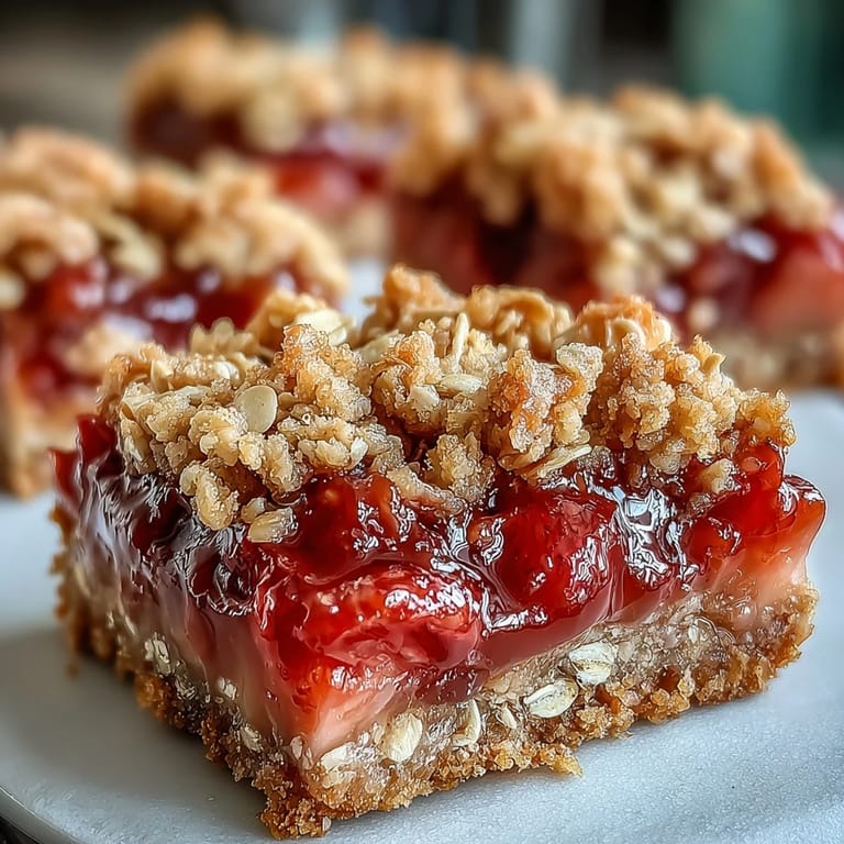 Buttery crumble base layered with sweet strawberries and tart rhubarb, baked until golden and bubbling, ideal for spring gatherings.
