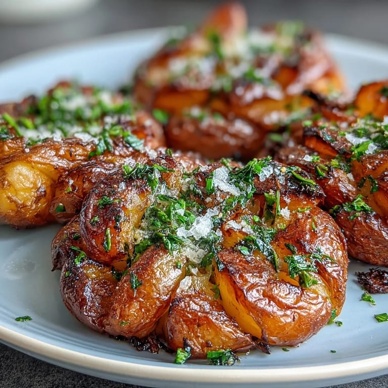 Oven-roasted smashed potatoes with a crunchy exterior and fluffy interior, garnished with parsley.