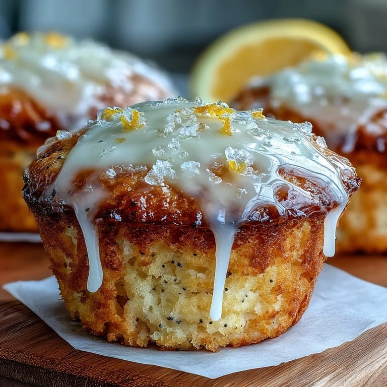 Bright and zesty lemon poppy seed muffins filled with crunchy seeds, topped with sparkling sugar, and drizzled with fresh lemon glaze.  