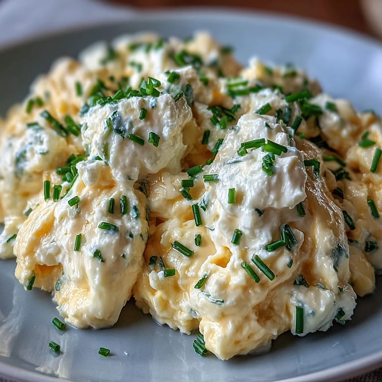 High-protein cottage cheese scrambled eggs with melted butter and fresh chives, perfect for a nourishing brunch.  