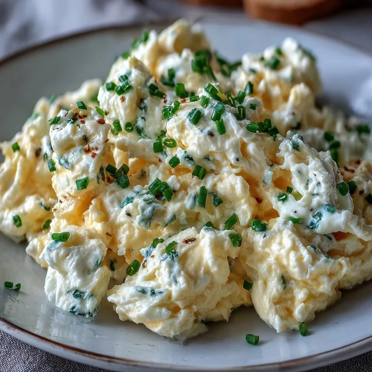 Soft scrambled eggs mixed with cottage cheese, seasoned with pepper and served hot for a satisfying morning meal.