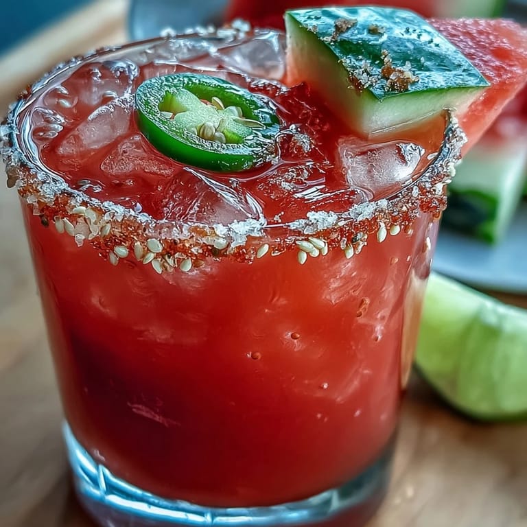 Refreshing alcohol-free watermelon margarita mocktail featuring juicy fruit, sliced jalapeño, and lime garnish, perfect for Cinco de Mayo.