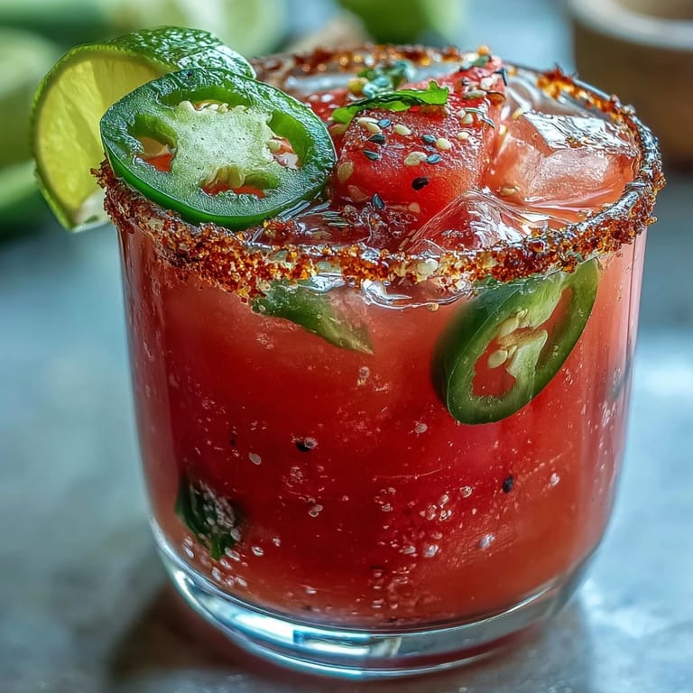 Colorful Cinco de Mayo mocktail with watermelon, jalapeño, and orange juice, garnished with lime wedges and served in a chilled glass.