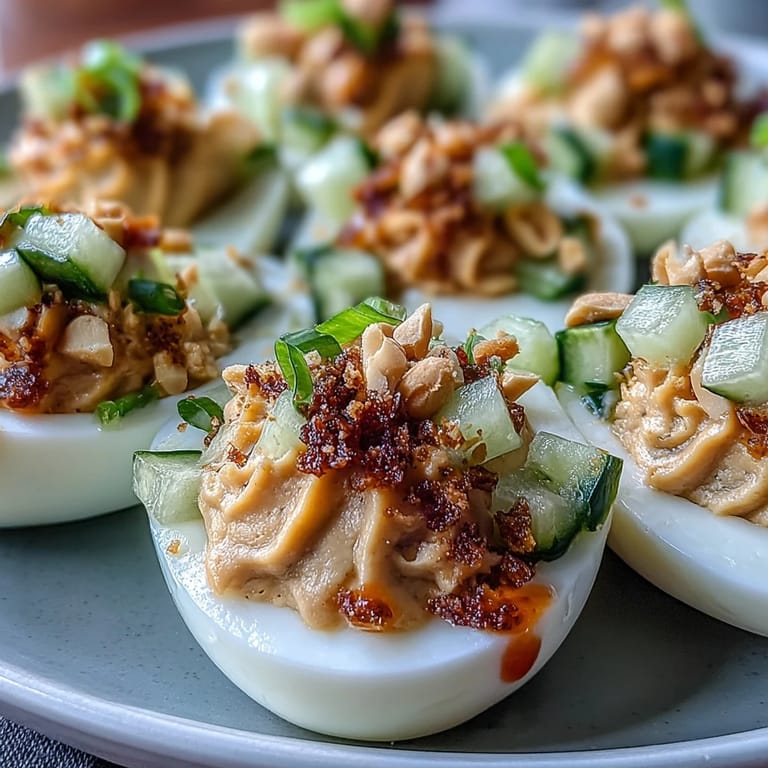 Thai Peanut Deviled Eggs with Cucumber Relish: Spicy peanut butter filling meets crunchy cucumber relish in these vibrant Thai-inspired deviled eggs.  