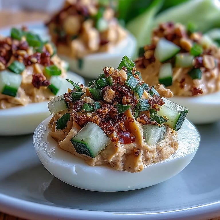 Thai Peanut Deviled Eggs with Cucumber Relish: Classic deviled eggs get a Thai twist with peanut sauce and a zesty cucumber topping.