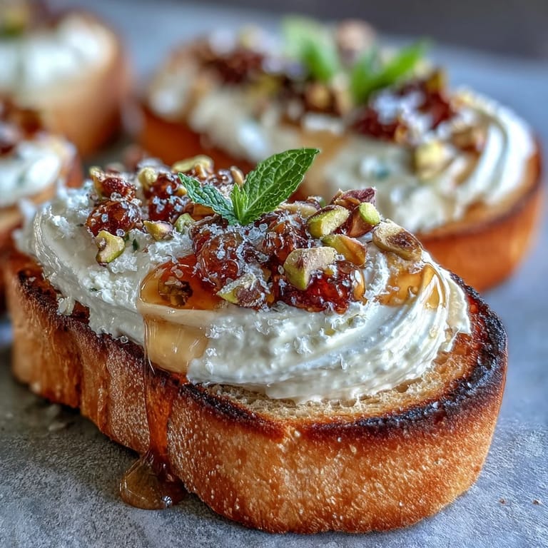Creamy whipped ricotta spread over crisp baguette slices, drizzled with honey and topped with crunchy pistachios.  