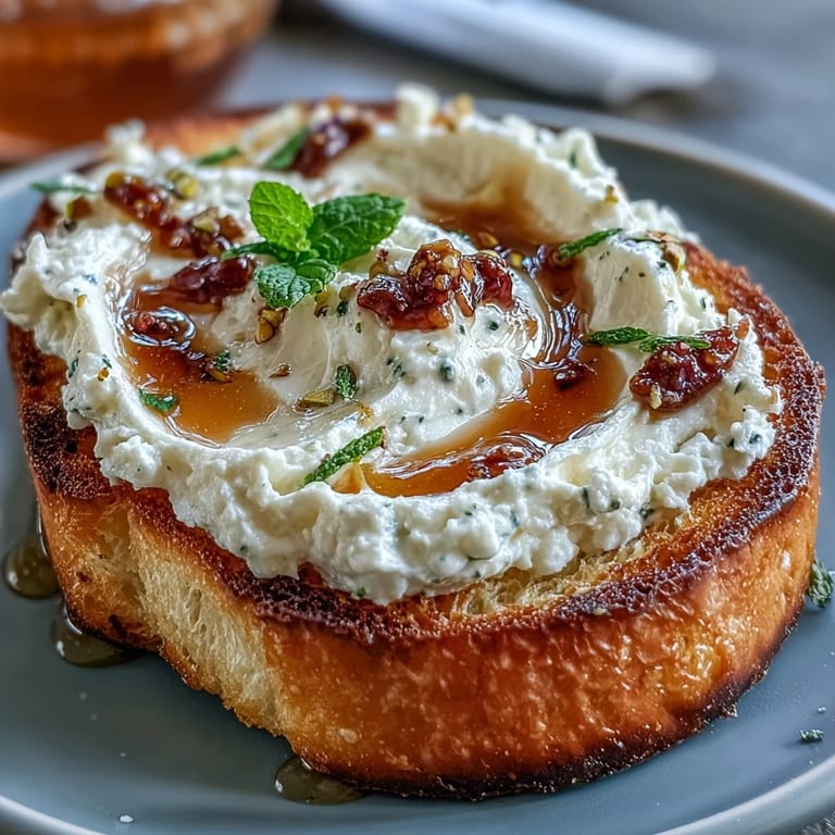 Buttery toasted sourdough topped with fluffy ricotta, a honey drizzle, and nutty pistachios for an elegant appetizer.