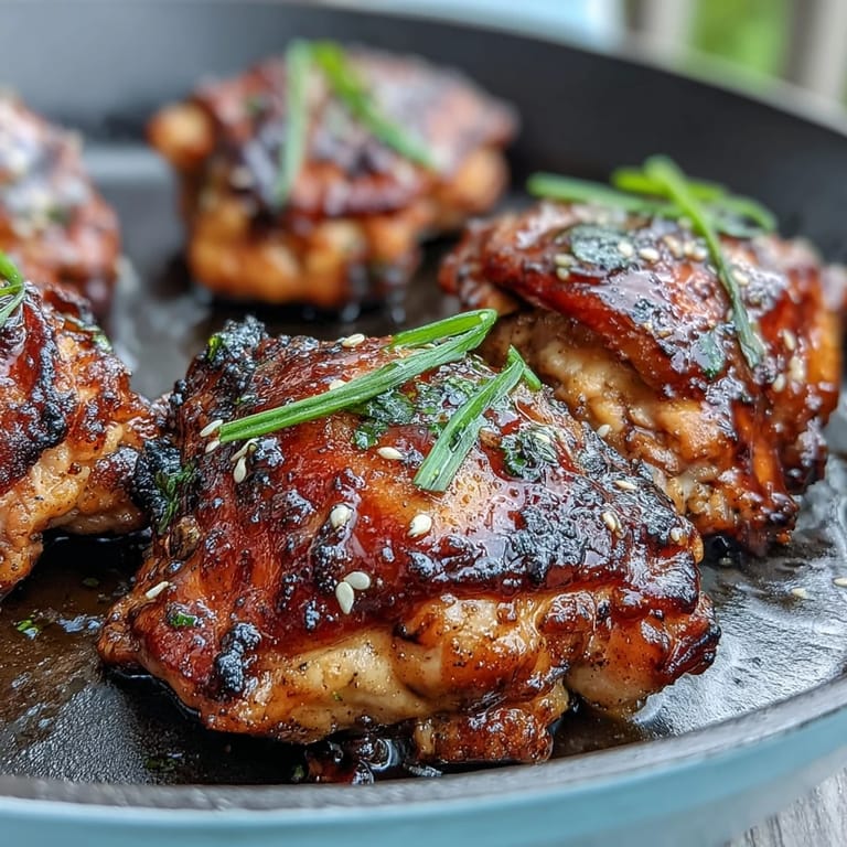 Oven-baked chicken thighs coated in a rich, garlicky soy and honey glaze, served hot with a glossy finish.
