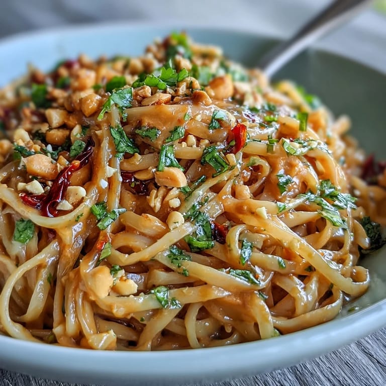 Colorful Thai peanut noodle salad topped with crunchy peanuts and crisp bell peppers for a satisfying bite.  