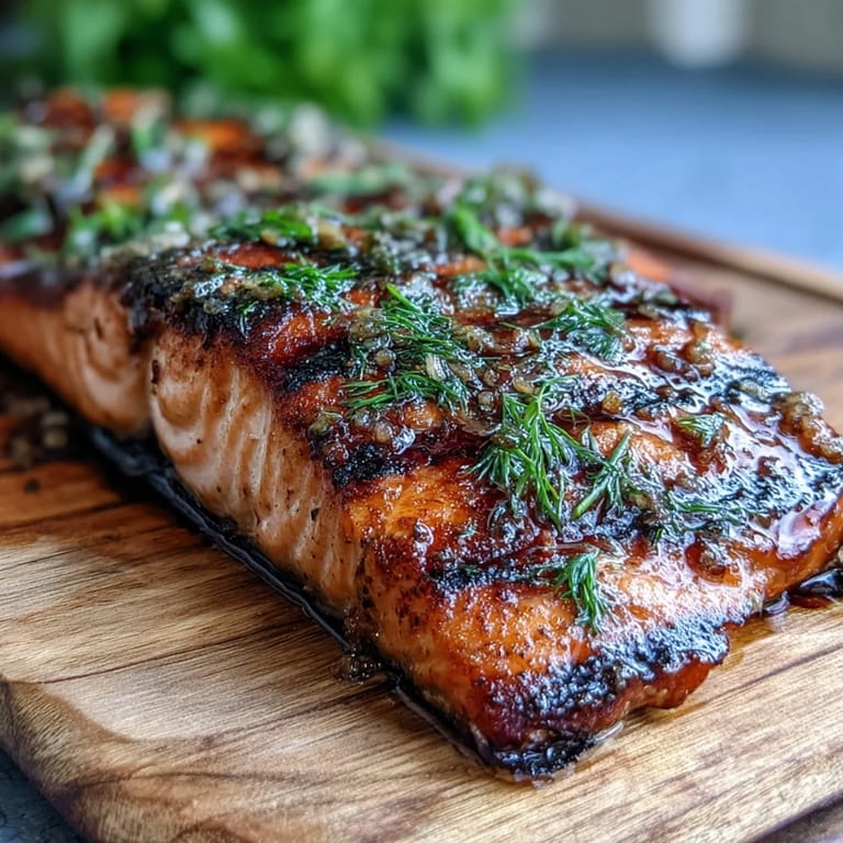 Smoky cedar plank salmon, coated in a sweet and tangy maple Dijon glaze.