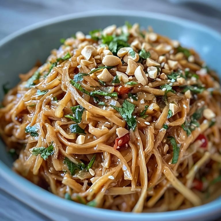 Refreshing Thai peanut noodle salad featuring rice noodles, shredded carrots, and a creamy peanut-lime dressing.