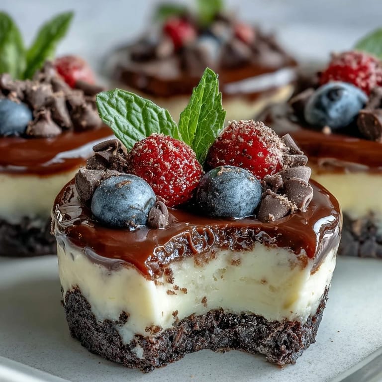 Indulge in these rich mini cheesecake bites topped with chocolatey goodness.