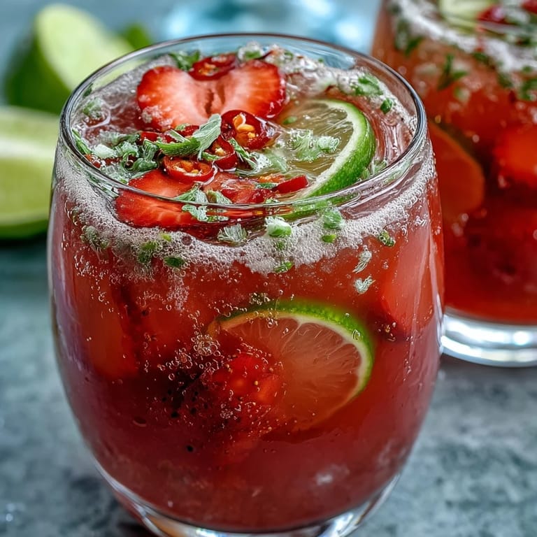 Refreshing strawberry chili limeade mocktail garnished with lime, ideal for a sunny afternoon treat.
