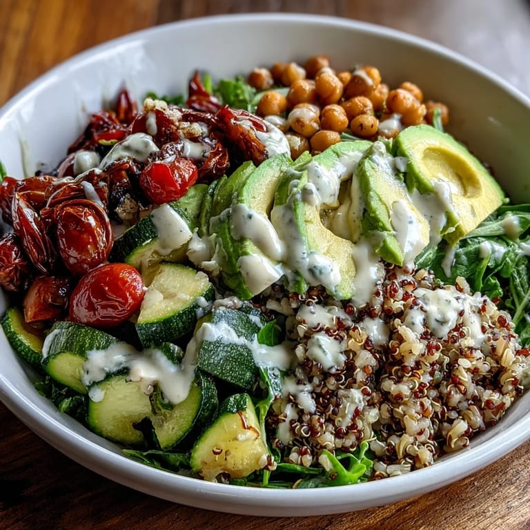 A colorful, wholesome Ancient Grains Bowl topped with fresh vegetables and creamy avocado.