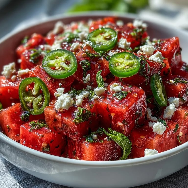 Juicy watermelon chili lime salad bursting with mint and zesty flavors.