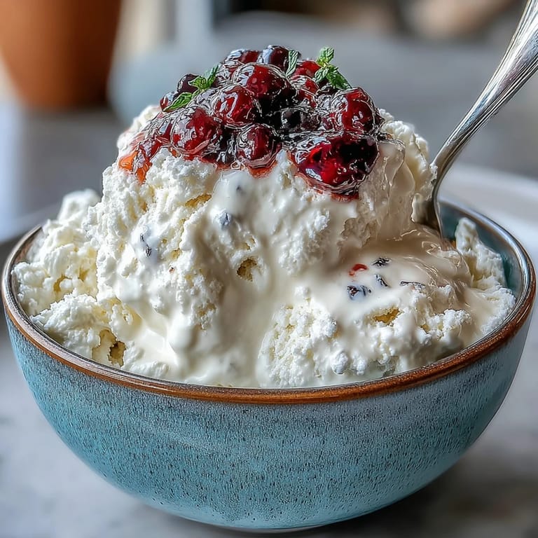 Viral healthy cottage cheese ice cream, swirled with berries, ready to serve.