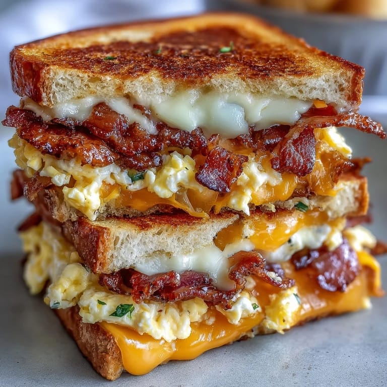 Savory Bacon Egg and Cheese Grilled Cheese, perfectly grilled with fluffy scrambled eggs.