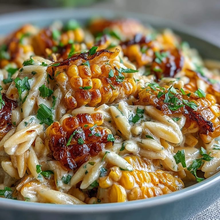 A rustic skillet of creamy corn orzo, showing vibrant yellow corn and flecks of fresh herbs.