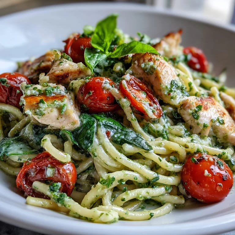 Golden-brown chicken pieces nestled amongst a creamy, herbaceous one-pan chicken pesto pasta.