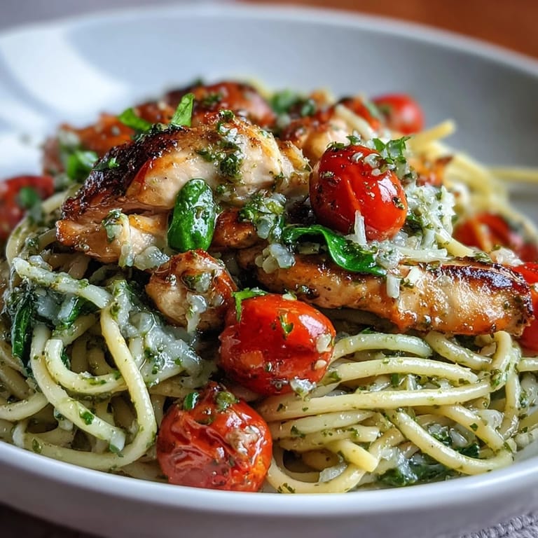 Delectable one-pan chicken pesto pasta piled high, ready to be enjoyed with Parmesan.