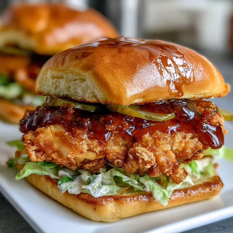 Plump brioche bun holds a perfectly fried, hot honey chicken sandwich masterpiece.