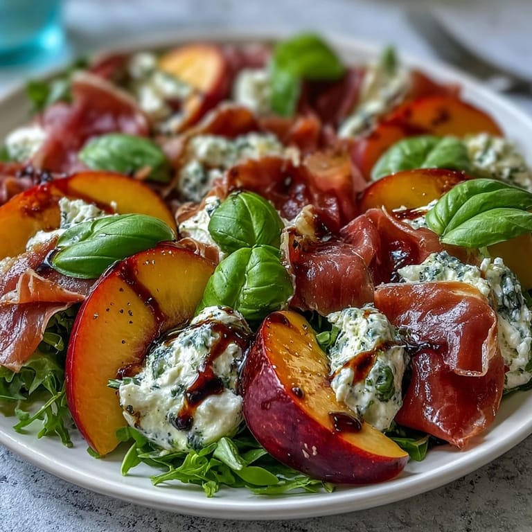 Artfully arranged Peach Burrata Prosciutto Salad ready for summer dining.
