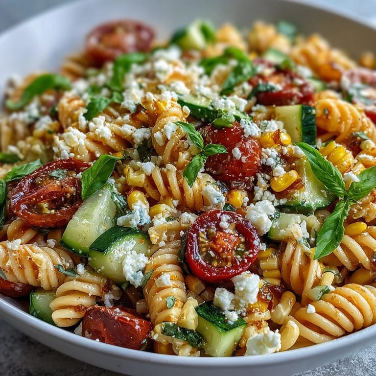 Vibrant vegetarian pasta salad featuring sweet corn, juicy tomatoes, and zesty dressing.