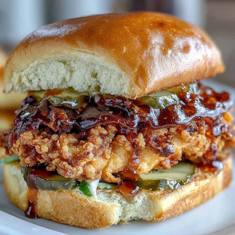 Stacked hot honey chicken sandwich, perfectly crispy, ready to enjoy with a bite.